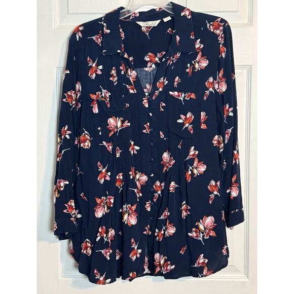 Caffe Marrahesh Blue Button Up With Pink/Red Floral Print, Rayon, Large - Picture 1 of 6